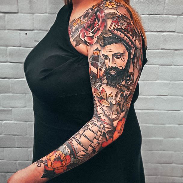 Colorful Womens Full Sleeve Tattoo Design Ideas