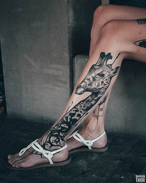 Colorful Womens Giraffe Tattoo Design Ideas Leg Sleeve