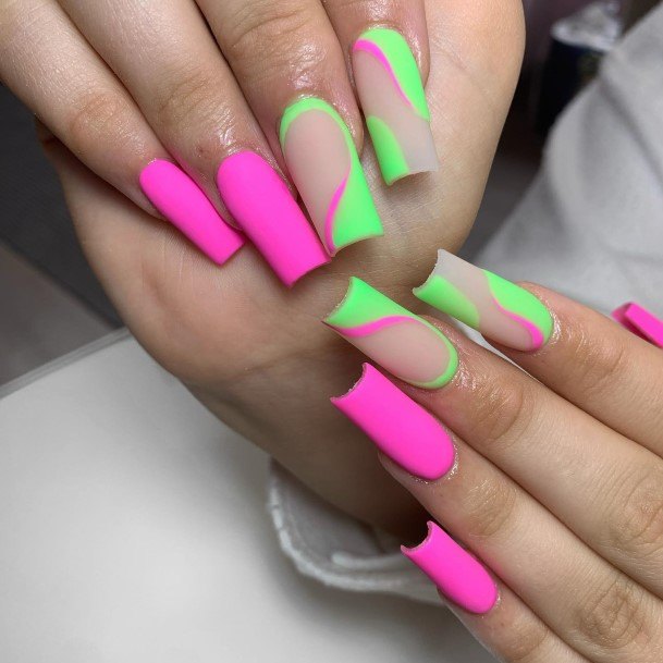 Colorful Womens Green And Pink Nail Design Ideas