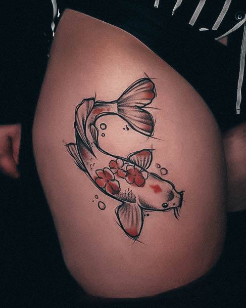 Colorful Womens Koi Fish Tattoo Design Ideas Thigh