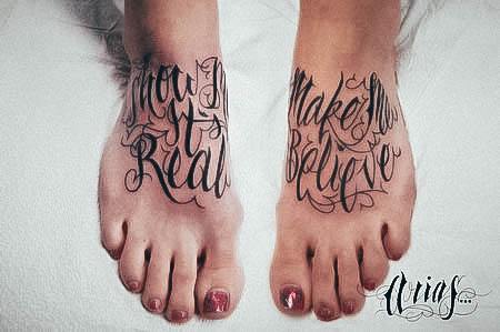 Colorful Womens Lettering Tattoo Design Ideas Feet