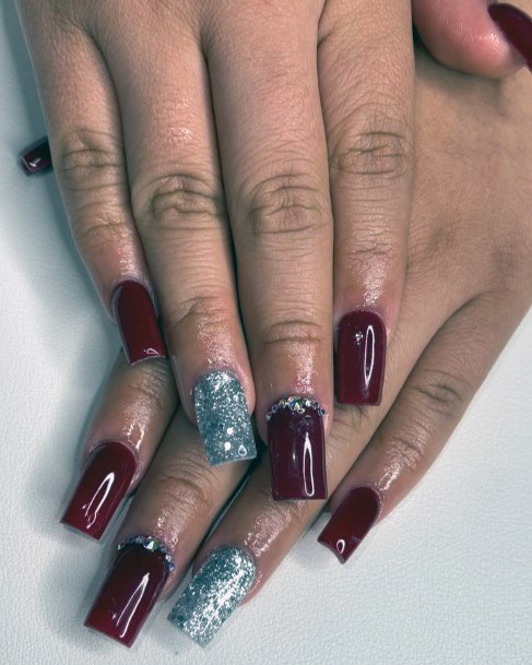 Colorful Womens Maroon And Silver Nail Design Ideas