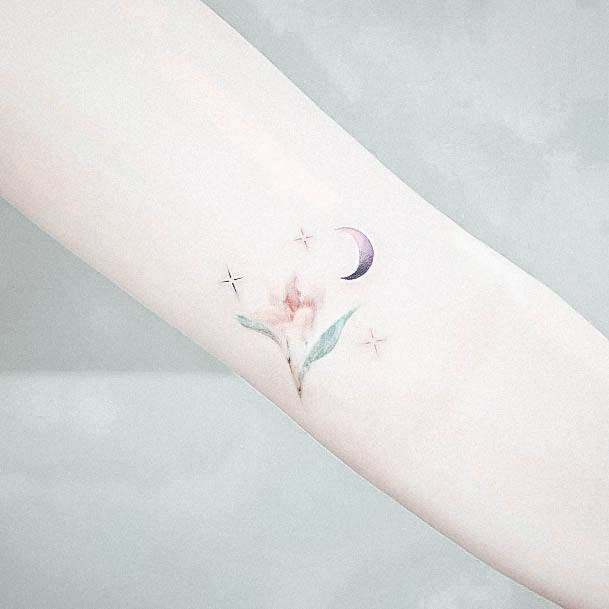 Colorful Womens Moon And Stars Tattoo Design Ideas