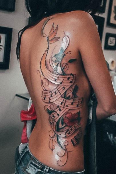 Colorful Womens Music Tattoo Design Ideas Back