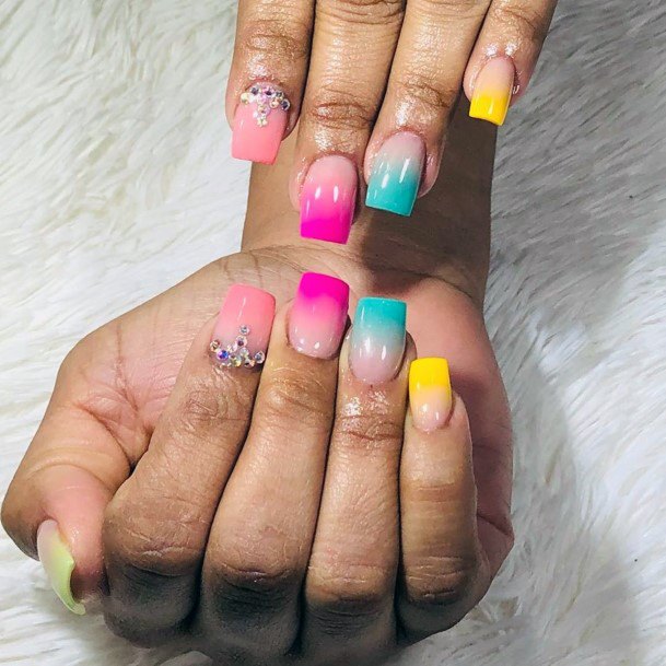 Colorful Womens Ombre Nail Design Square Short Bright French Tip Ideas