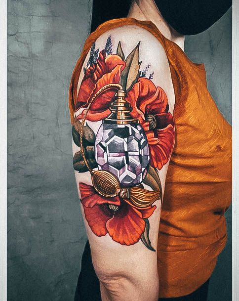 Colorful Womens Perfume Tattoo Design Ideas