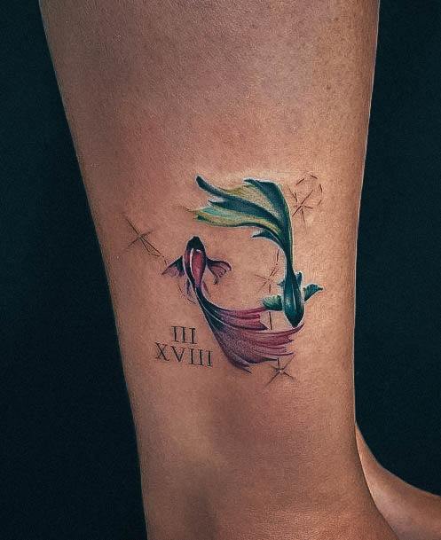 Colorful Womens Pisces Tattoo Design Ideas Leg Watercolor