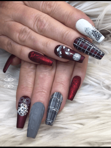 Colorful Womens Red And Grey Nail Design Ideas