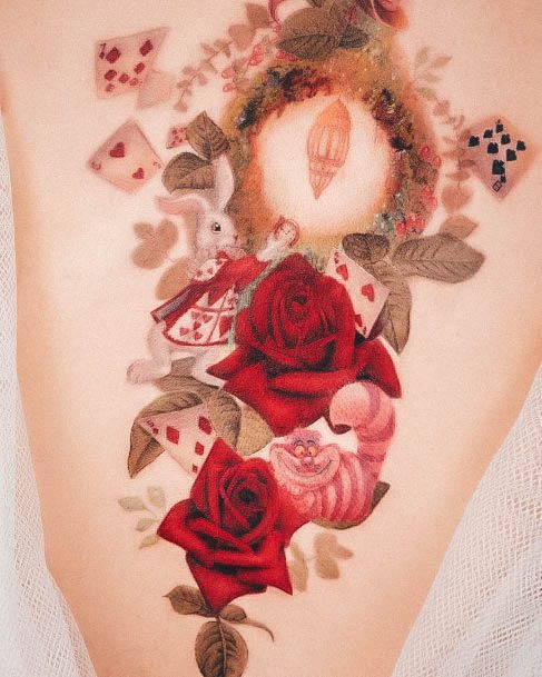 Colorful Womens Rose Thigh Tattoo Design Ideas