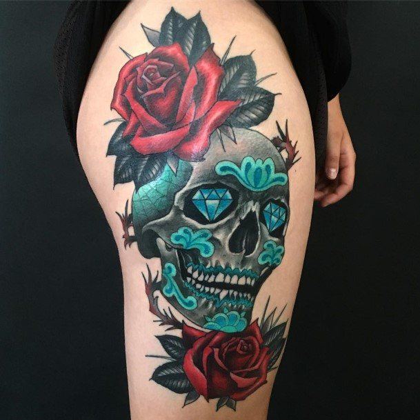 Colorful Womens Skull And Rose Tattoo Design Ideas