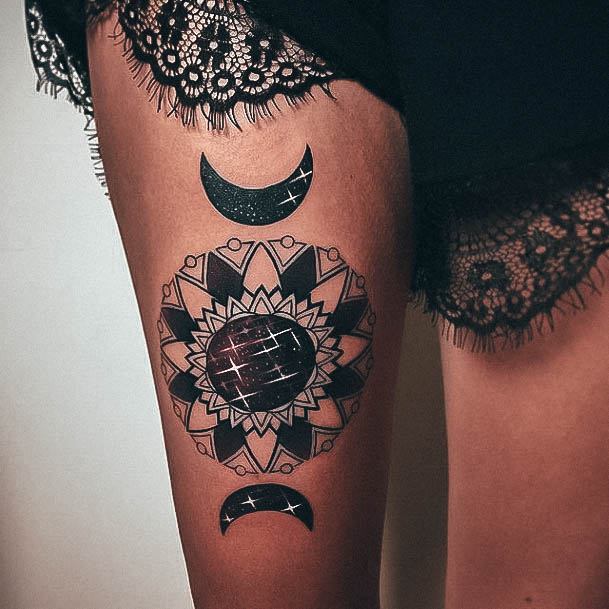 Colorful Womens Sun And Moon Tattoo Design Ideas Thighs