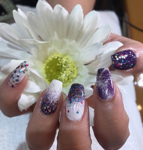 Colorful Womens White And Purple Nail Design Ideas