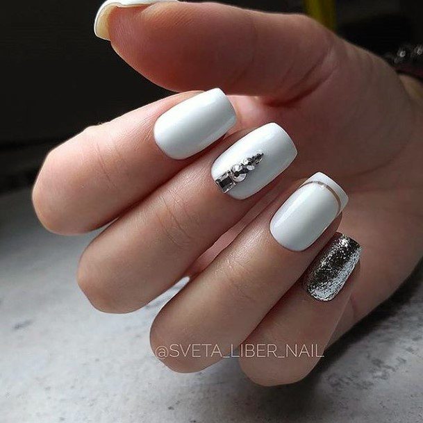 Colorful Womens White With Rhinestones Nail Design Ideas