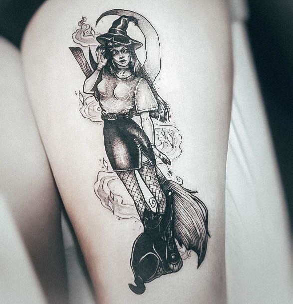 Colorful Womens Witch Tattoo Design Ideas