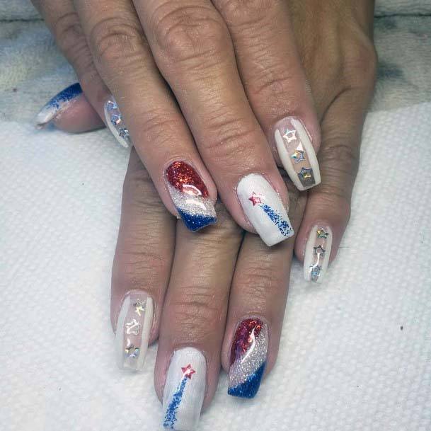 Comet And Stars Thick Ribboned 4th Of July Nails