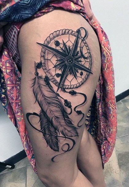 Compass And Feather Tattoo Womens Thighs