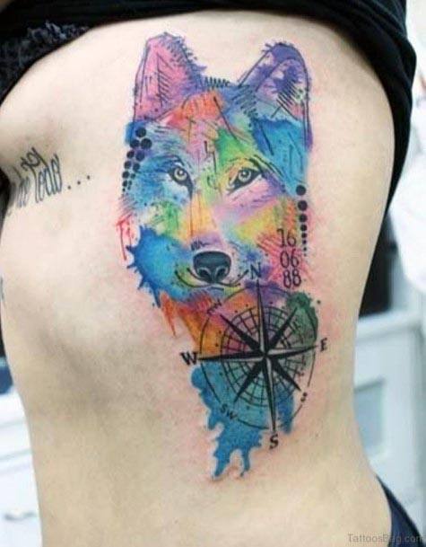 Compass And Rainbow Wolf Tattoo Womens Torso