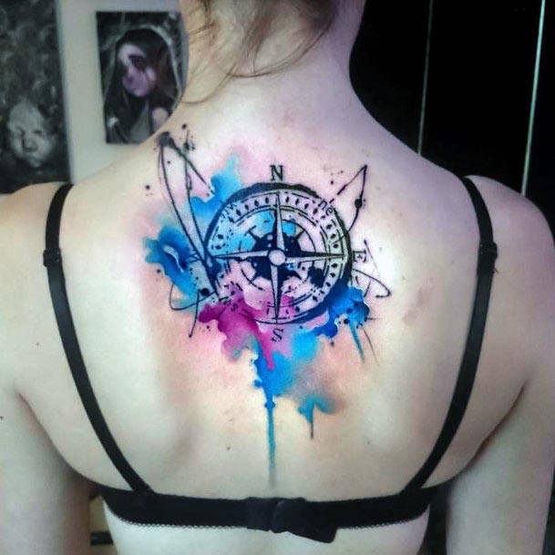 Compass And Watercolor Tattoo Womens Back