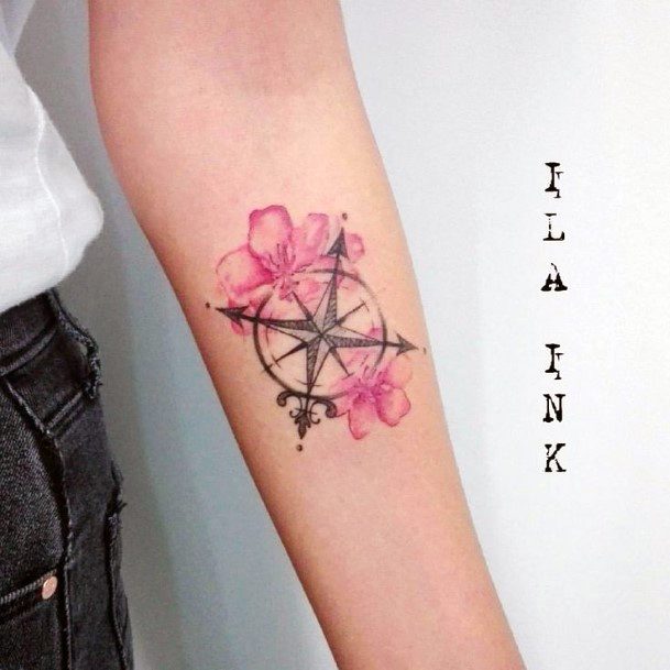 Compass With Cherry Blossom Tattoo For Women