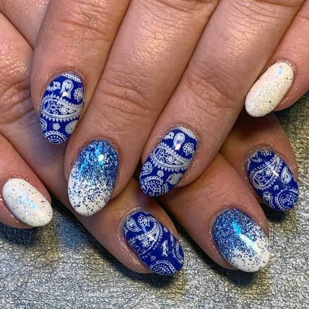 Complicated Tribal Artwork On Blue White Nails Women