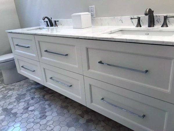 Contemporary Grey Bathroom Vanity Ideas With Silver Hardware And Marble Countertops