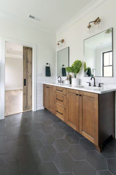 Contrasting Hardwood Vanity With Dark Grey Tile Bathroom Cabinet Ideas