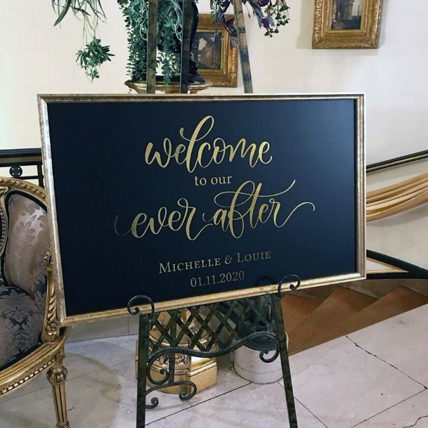 Cool Black Chalk Board Wedding Sign Ideas Gold Lettering