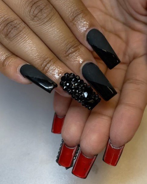 Cool Female Black With Rhinestones Nail Designs