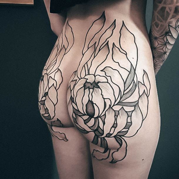 Cool Female Butt Tattoo Designs Flowers Black Ink Outline