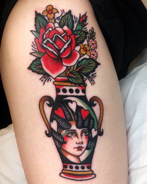 Cool Female Flower Vase Tattoo Designs