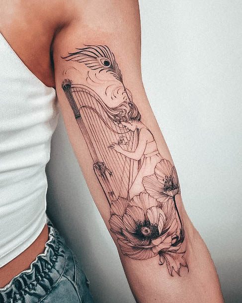 Cool Female Harp Tattoo Designs