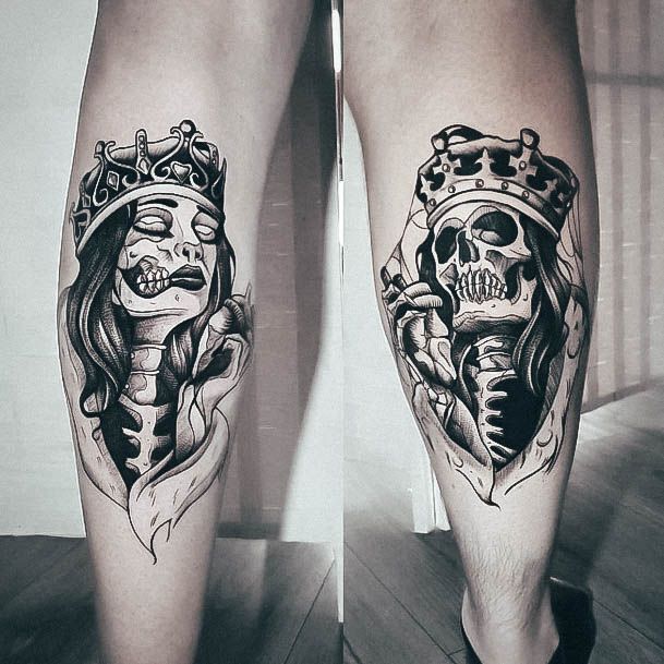 Cool Female King And Queen Tattoo Designs Leg Calf Skeleton Themed