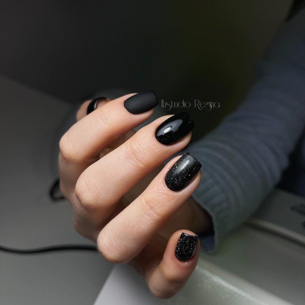 Cool Female Matte Black And Gold Nail Designs