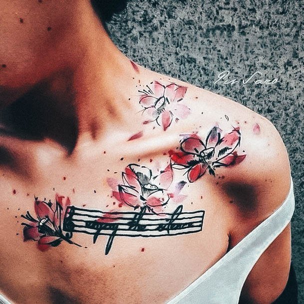 Cool Female Music Tattoo Designs Chest