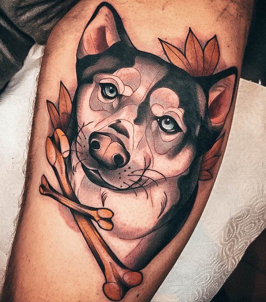 Cool Female Neo Traditional Tattoo Designs Husky Dog With Bones On Leg