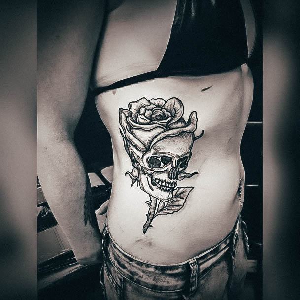 Cool Female Skull And Rose Tattoo Designs