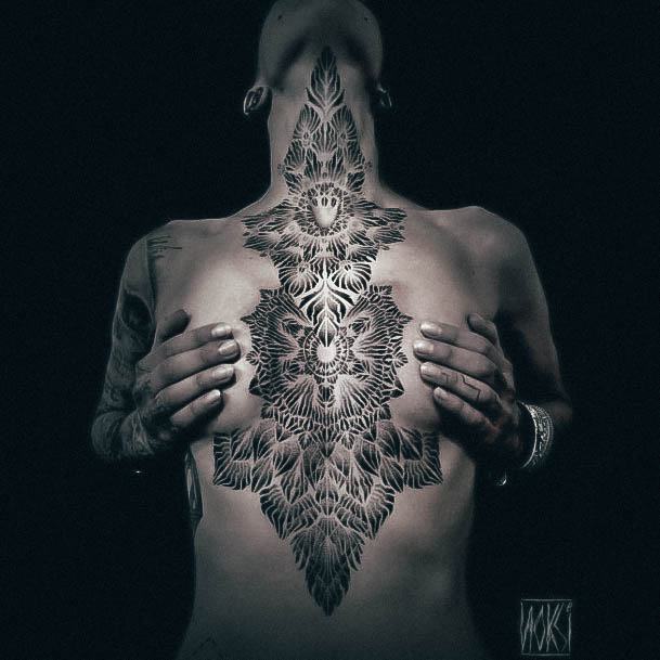 Cool Female Sternum Tattoo Designs Geometric Dotwork