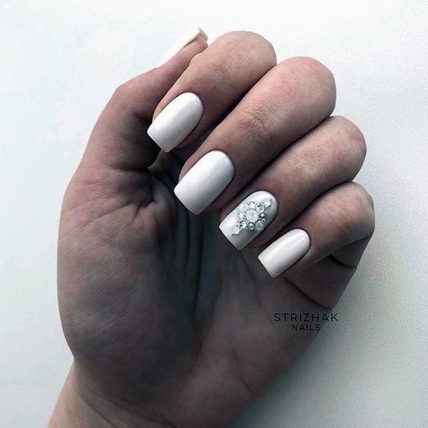 Cool Female White With Rhinestones Nail Designs