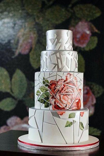 Cool Geometric Design With White And Silver And Large Rose Design Wedding Cake Ideas