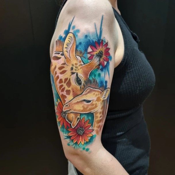 Cool Giraffe Tattoos For Women Watercolor Half Sleeve