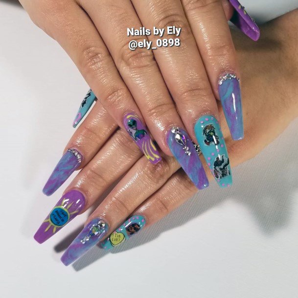 Cool Graphic Long Blue And Purple Nail Art Design For Women