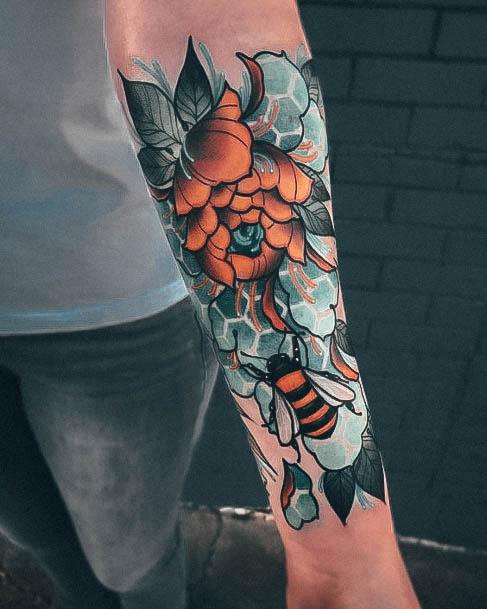 Cool Neo Traditional Tattoos For Women Forearm Flower And Bee