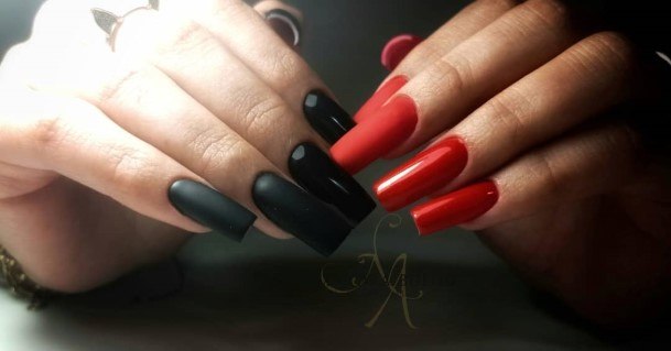 Cool Red And Black Matte Nails For Women