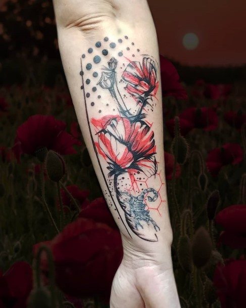 Cool Red Dots And Floral Tattoo Womens Forearms