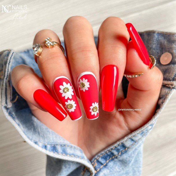 Cool Red With Diamond Rhinestones Nails For Women