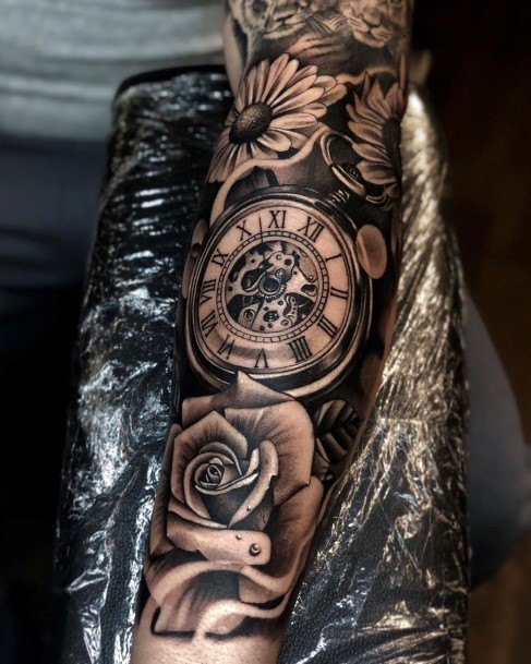 Cool Sleeves Ancient Clock And Rose Tattoo Women