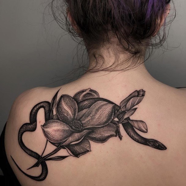 Cool Sly Snake And Blossom Tattoo Womens Back