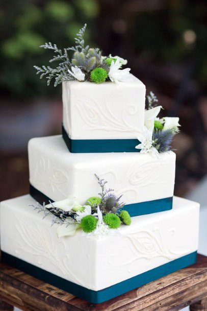 Cool Square Tiered White Cake With Teal And Floral Wedding Cake Ideas