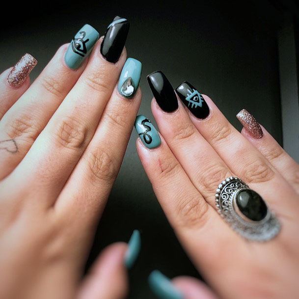 Cool Tribal Design Black And Blue Gem Nail Designs For Girls