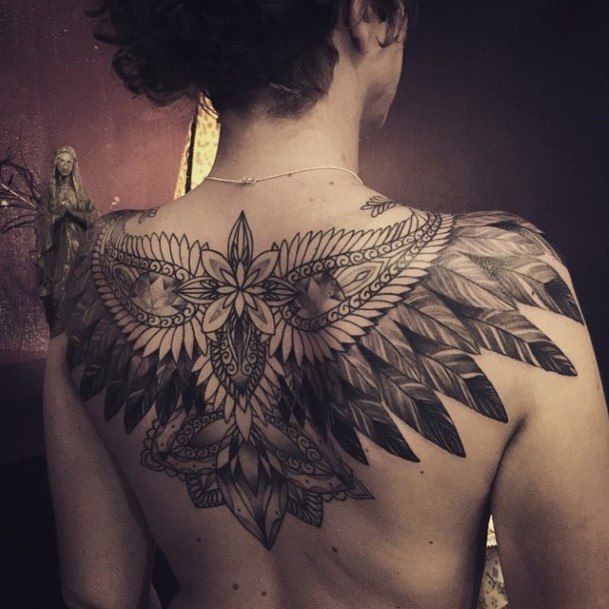 Cool Tribal Large Feathered Wings Tattoo Womens Back